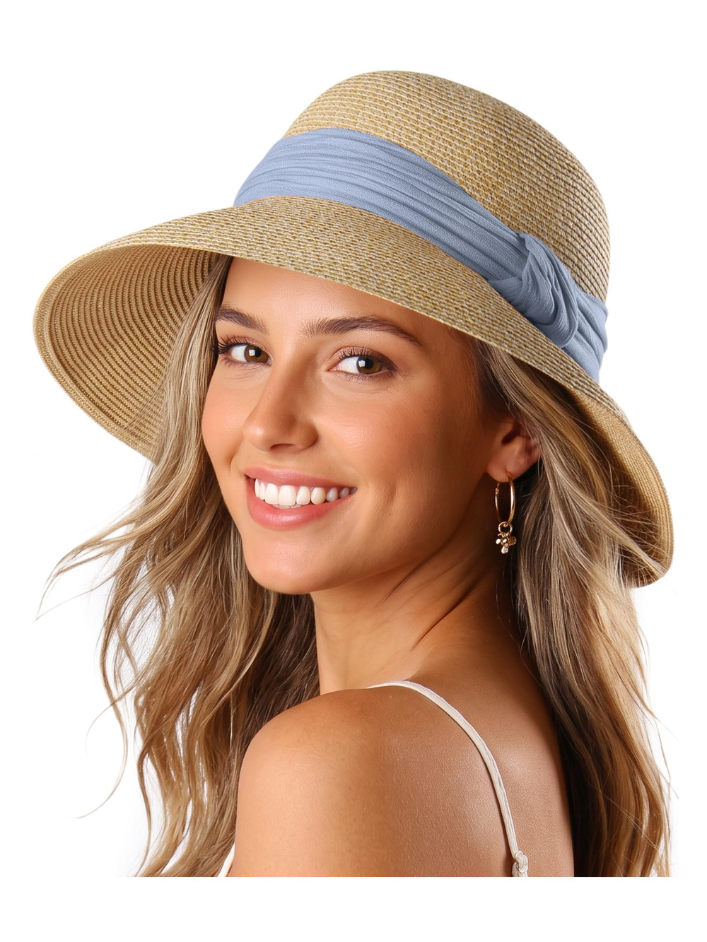 Sun Straw Hat for Women Wide Brim Floppy Beach | Hat Band: Dusty Blue | Size OS